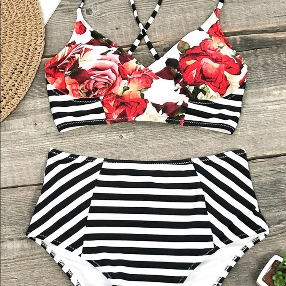 Cupshe Garden Floral and Stripe Bikini